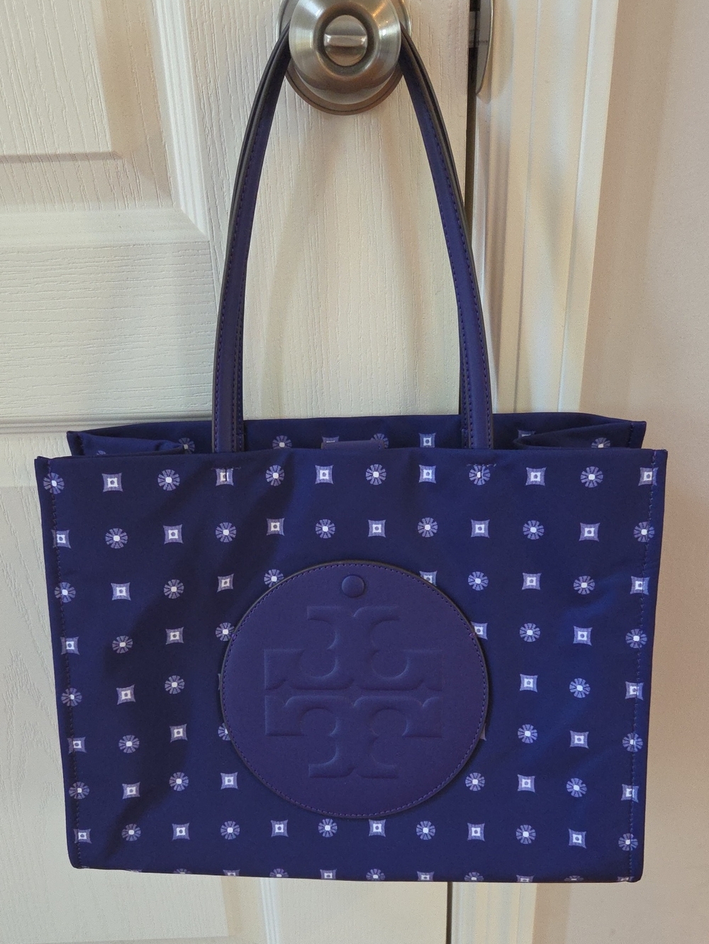 Like New Tory Burch Small Ella Purple Printed Logo Tote